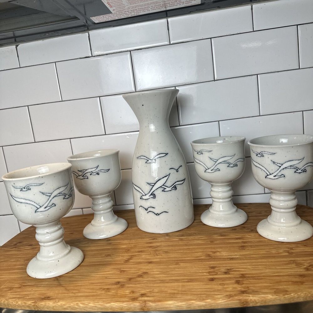 Vintage Otagiri Hand Painted Carafe and 4 Goblet Feature Blue Seagulls NICE